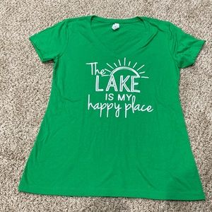 “Kelly green” v-neck tee.  New!  The lake is my happy place!